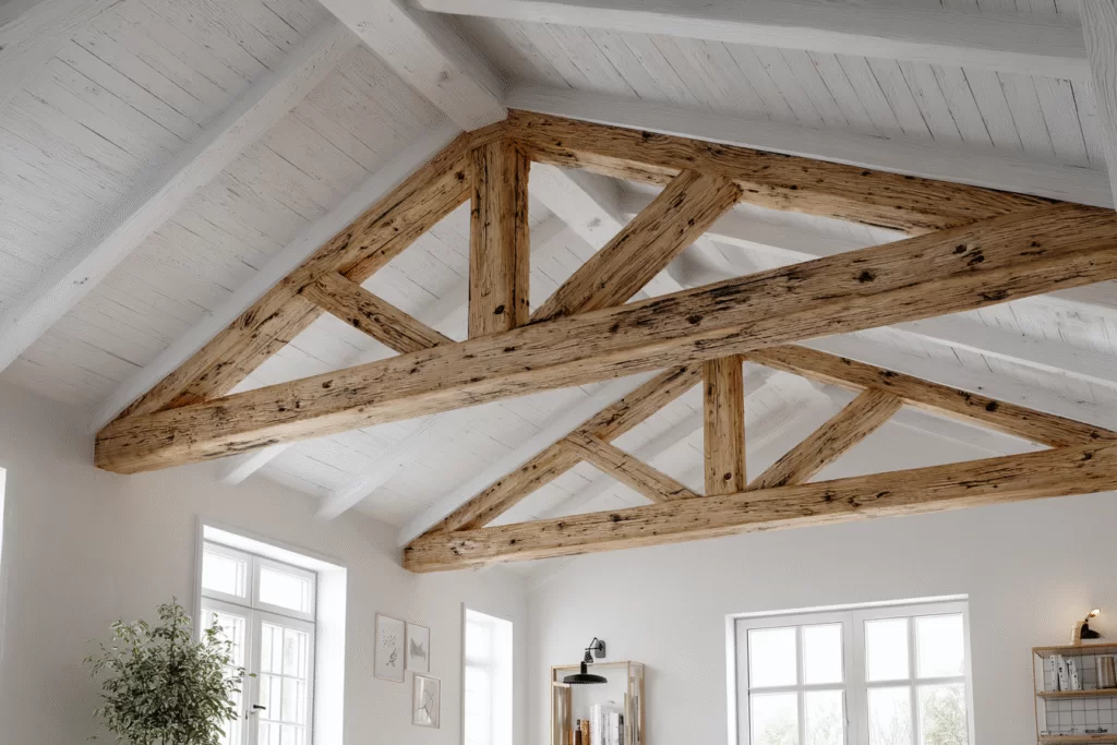 Fotorealistische interieurafbeelding van een wit geschilderd plafond met zichtbare houten balken, verlicht door natuurlijk daglicht in een gezellige woonkamer